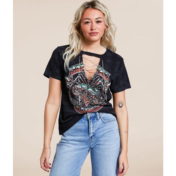 Affliction Tops - Affliction NWOT American Customs Chromium Heart T-Shirt Sz S Lace Up Bling